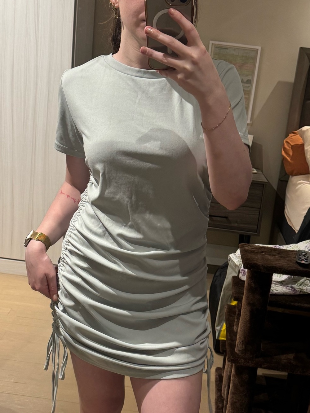 SHEIN Sage Green Ruched Side T-Shirt Mini Dress